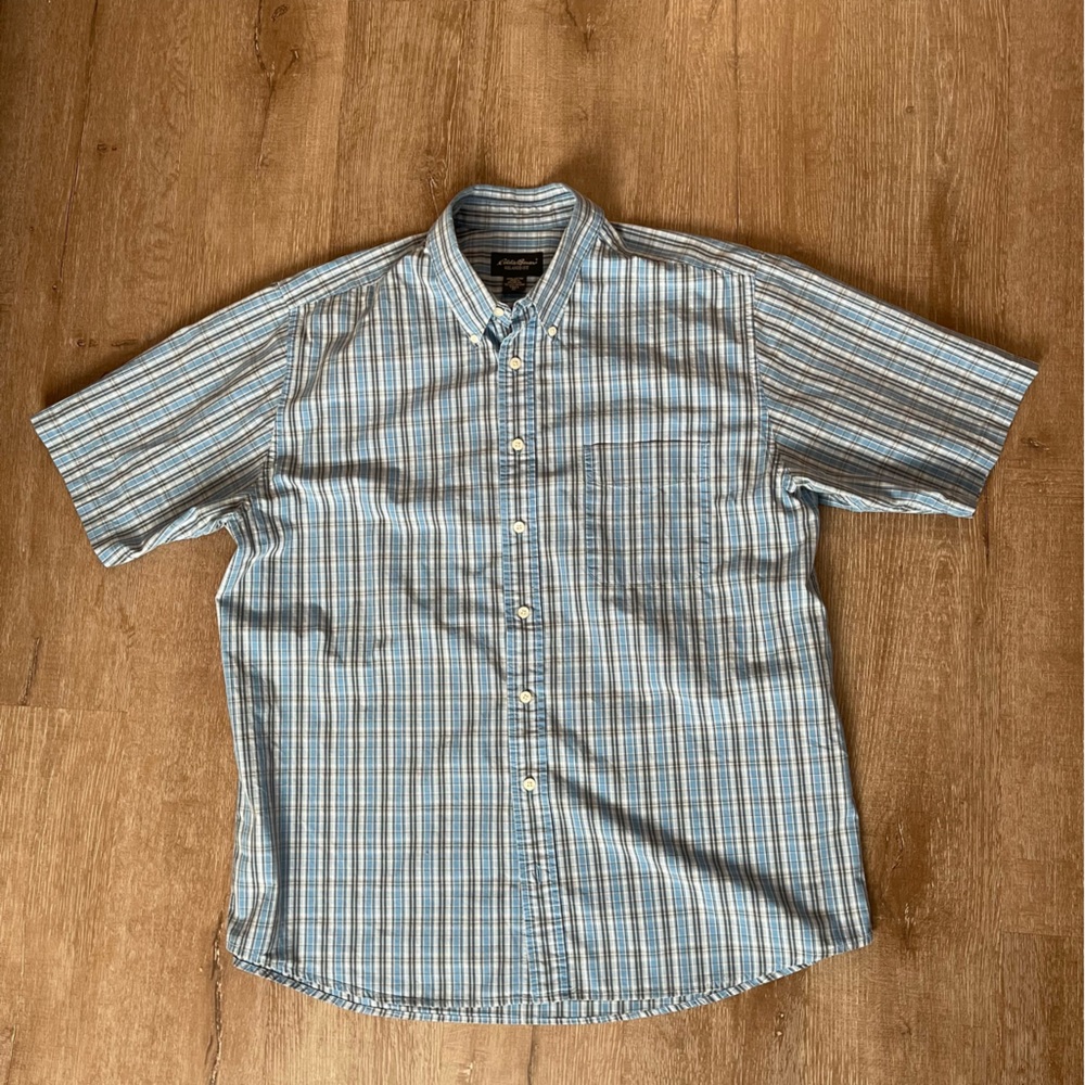 Eddie Bauer Men's button down short sleeve plaid Blue Shirt TXL